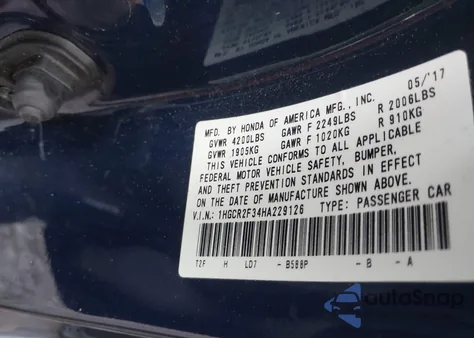 2017 Honda Accord Lx из США, поврежденный, VIN 1HGCR2F34HA229126